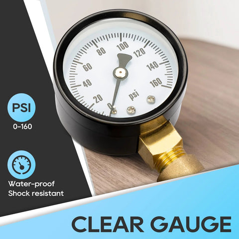 RV water pressure regulator valve with brass inlet and clear 0-160 psi gauge for RVs