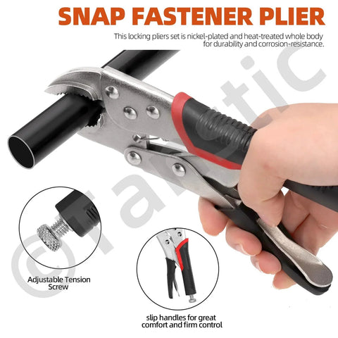 Snap fastener pliers clamping a pipe, showing adjustable tension screw and red slip handles for comfort, part of 56 Pieces Nylon Hose Clamps Set