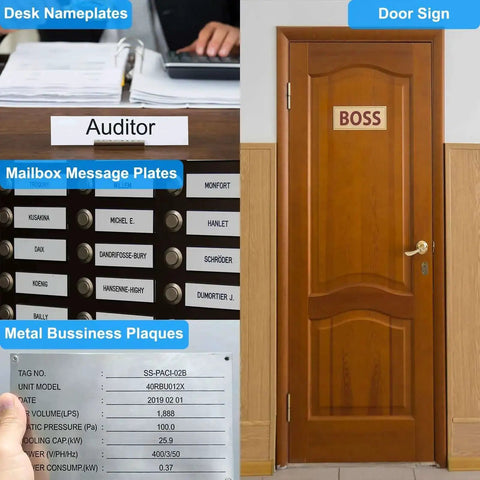 Various signage including desk nameplates, mailbox message plates, and a door sign reading 'BOSS' on a wooden door.