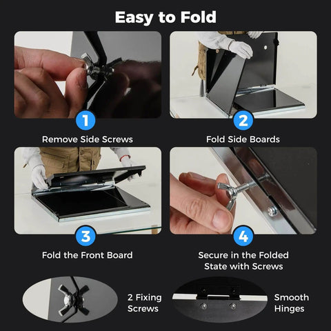 Folding Welding Table With Carry Handle Pro Grade Build shown being folded and secured with screws, highlighting compact storage.