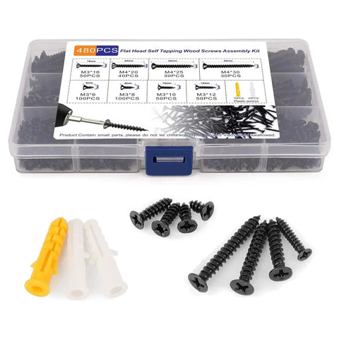 DIY Wood Screws Assortment Kit With 480 Pieces M3 And M4 Black Self Tapping Fasteners For Cabinet Hinges And Micro Woodworking, includes 30 M6 Anchors in clear case with screws and anchors displayed.