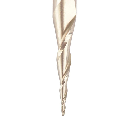 Close-up of Tapered Ball Nose End Mill 1 Quarter Inch Shank 1 Sixty Fourth Inch Radius For 3D Carving And Engraving Router Bit, ZrN Coated 2 Flute