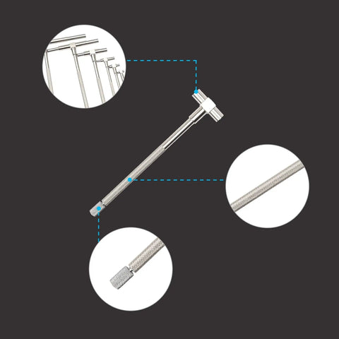 Versatile Pro Grade Gear Telescoping Bore Gauge Set For Precise Inside Hole Measurements Five Sixteenth Inch To Six Inch Range In Stainless Steel With Pouch High Precision T Gauge Kit For Machinists And Hobby Metalwork, showing parts and details.
