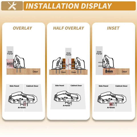 Installation display diagram showing overlay, half overlay, and inset methods for Two Pack Hidden Hinges For Frameless Cabinet Doors 90 Degree Concealed Surface Mount Hinges Fits Door Thickness 0.6 To 1 Inch Premium Cabinet Hardware For Smooth Full Access And Seamless Look.
