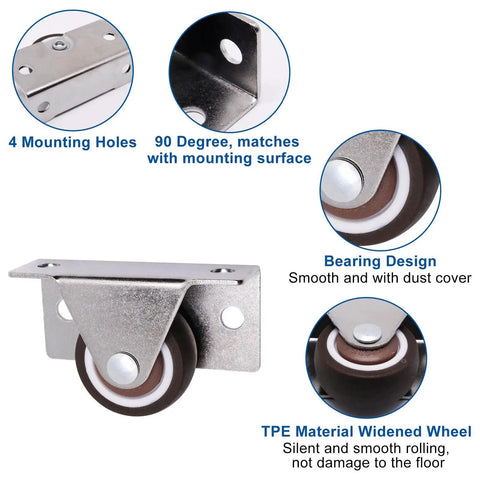 Low Profile Fixed Caster Wheels For Narrow Furniture Spaces Ideal For Drawers Cabinets And Trundle Beds Side Mount Non Swivel One And A Quarter Inch Small Wheel Set Of Four Load Thirty Six Lbs Each Concealed Design For Easy Furniture Renovation, showing stainless steel mounting plate and smooth bearing design.