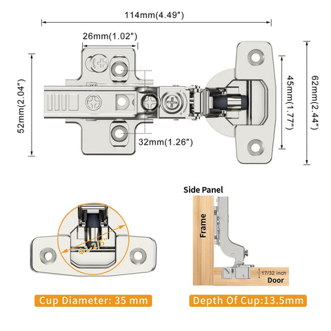 Chibery satin nickel frameless inset cabinet hinge, soft-close, 105° open angle, 35 mm cup  
Installed side view of Chibery hinge on cabinet door and frame, clip-on mounting, satin nickel  
Close-up of satin nickel hinge cup, 35 mm diameter for cabinet doors  
Hinge dimension diagram showing 114 mm length and 35 mm cup diameter