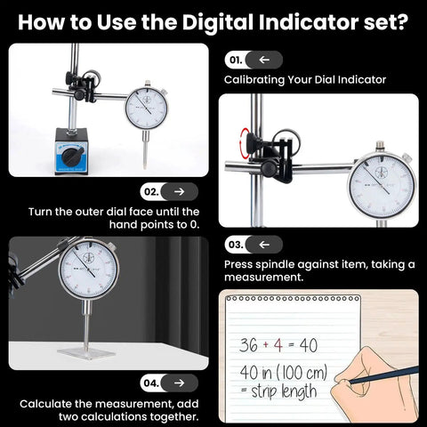 Instructional steps for using Pro Grade Dial Indicator With Magnetic Base And Point Precision Inspection Set Long Arm Dial Test Indicator