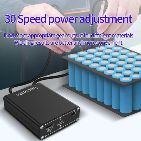 Beast 5500W Spot Welder Kit With 30 Adjustable Power Levels connected to 18650 battery pack and nickel strips, shown in use.