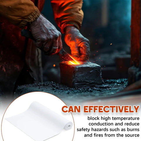 High Temperature Gasket Paper Ceramic Fiber Alternative 2100F Rated, shown as a roll with blacksmith context in background.
