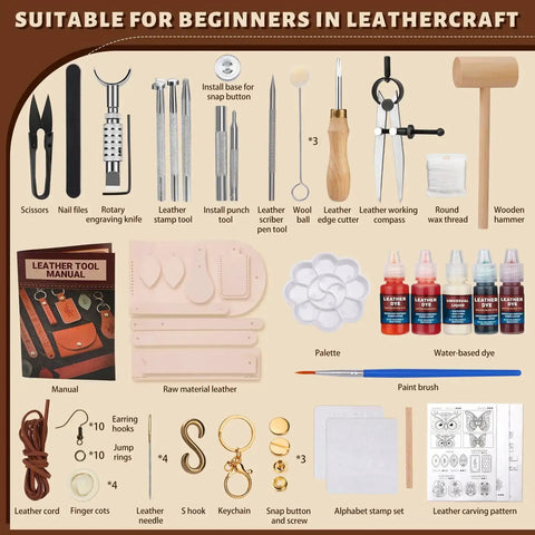Dope Leather Working Kit With Pro Grade Tools And Dyes For DIY Beginners Includes tools, dyes, leather pieces, and instructions.