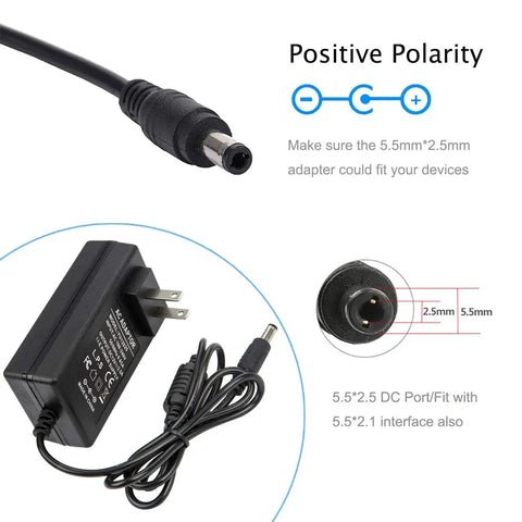 Plug And Play 12V 2.5A Universal Power Adapter 100-240V To DC 12V 30W Charger with 3.6 Ft Cable and polarity diagram