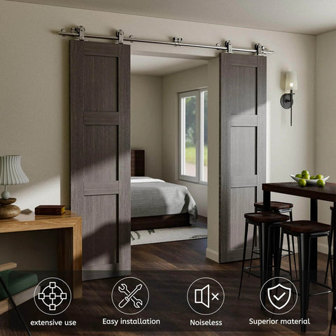 Heavy Duty Stainless Steel Double Sliding Track Barn Door Hardware Kit, 6.6 Foot Rail System installed in a modern living room
