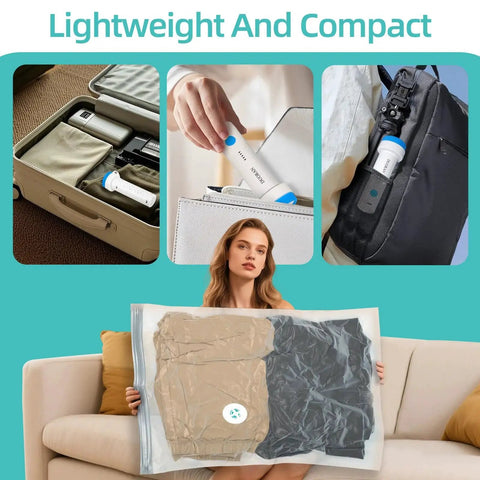 Cordless Electric Vacuum Pump For Vacuum Storage Bags Portable USB Rechargeable Seal And Compression Pump For Clothes Blankets And Bedding Travel Ready On The Go With One Touch Operation 6.0 Kpa Power By Duoran being used for packing in luggage and travel bags.