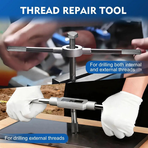 Hands using 80 Piece Metric Tap And Die Set M3 Through M12 With Long Handled Tap Wrench T Handle Wrenches for thread repair.
