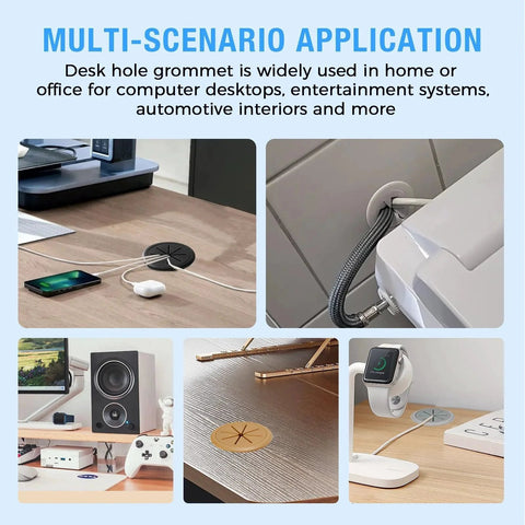 2 Inch White Desk Cable Grommet Set Flower Shaped Desk Hole Covers For Cables shown in various home and office applications