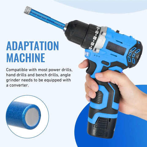 Hand holding a blue power drill with a diamond drill bit attached, part of 6 Piece Diamond Drill Bit Set For Porcelain Ceramic Glass And Tile