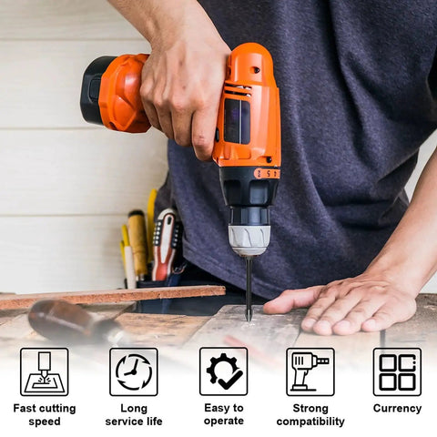 Person using a drill with a bit from the Twenty Piece One Quarter Inch Tile Drill Bit Set With Six Millimeter Masonry Bits Alloy Oxy Nitrided.