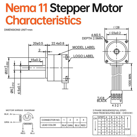 Technical diagram of Nema 11 Stepper Motor 2 Phase 1 8 Degree High Torque Bipolar 23mm Frame with dimensions and wiring.