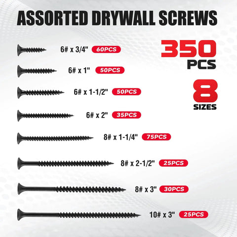 Assorted drywall screws, 350 pieces, 8 sizes from 6# × 3/4" to 10# × 3", shown with quantities per size.