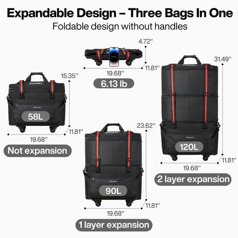 Expandable Rolling Travel Bag With Wheels For Men And Women, 58L Base Capacity Expands To 90L Or 120L, dimensions and weights shown