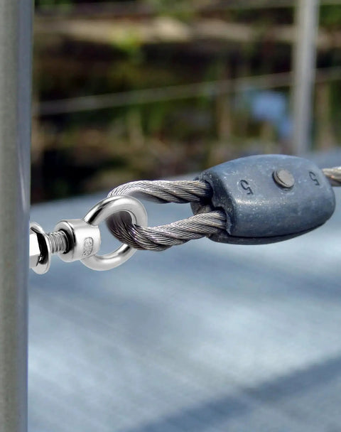Threaded Eyebolts 10 Pack 3/8 X 2 Inches, 304 stainless steel attached to cable end on deck, showing rust resistance