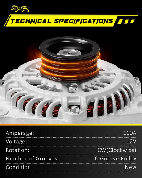 Close-up view of Beefed Up 110A Clockwise Alternator Replacement For Mazda CX Nine Grand Touring Sport Touring 2007 Through 2015.