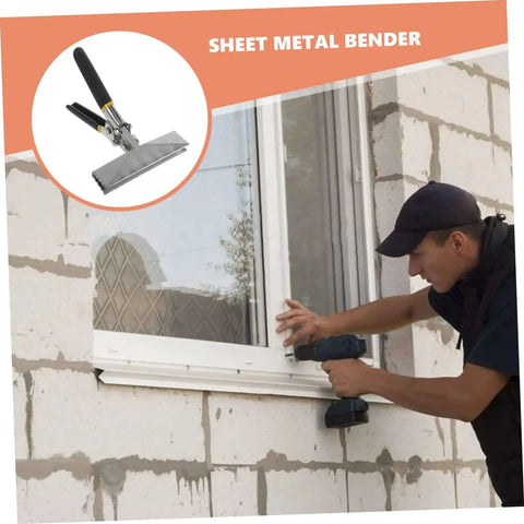 Man using DIY Sheet Metal Seamer Kit with manual double handle seamer, duckbill pliers, ABS edge press for metal bending on window frame