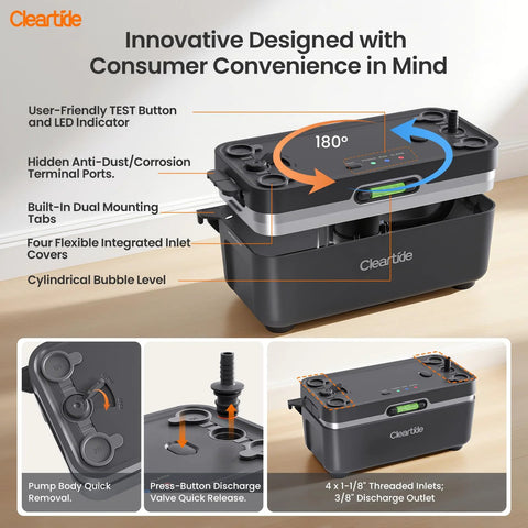 Cleartide HVAC condensate pump in dark gray, with level indicator, four inlet ports and 3/8 inch discharge outlet