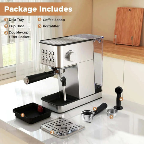 20 Bar Espresso Machine With Milk Frother Compact Stainless Steel Coffee Maker 57 Ounce Removable Water Tank on a kitchen counter