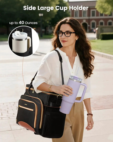 Woman using Three Way Carry Rolling Tote Bag With Detachable Dolly And Laptop Compartment for Teachers and Professionals in black, beige, brown