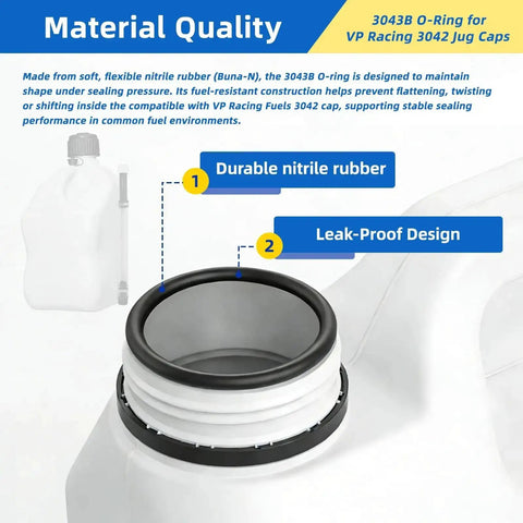 Material quality details of Eight Pack 3043B O Ring Kit For Fuel Jug Caps With Leak Proof Seal; durable nitrile rubber and leak-proof design.