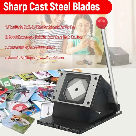 Fridge Magnet Paper Cutter For Diy Crafts, 3.15 Inch Square Punch Tool with cast-iron base, shown with colorful magnet samples.
