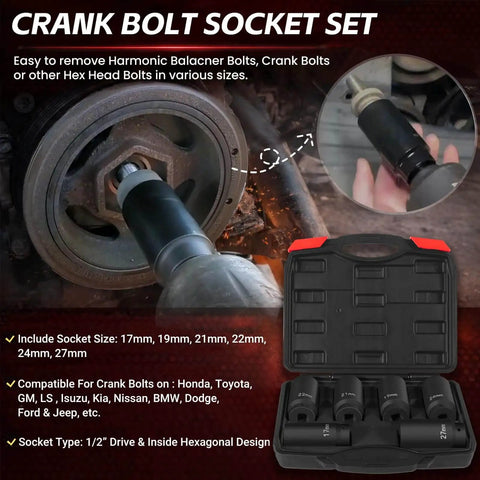 Half Inch Drive Crank Bolt Socket Set 17mm 19mm 21mm 22mm 24mm 27mm Deep Counterweighted Impact Sockets for Harmonic Balancer Removal