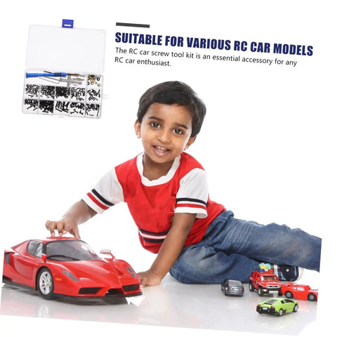 Child playing with RC cars; Ultimate RC Car Screw Tool Kit, Metric Fasteners, Nuts and Bolts displayed above