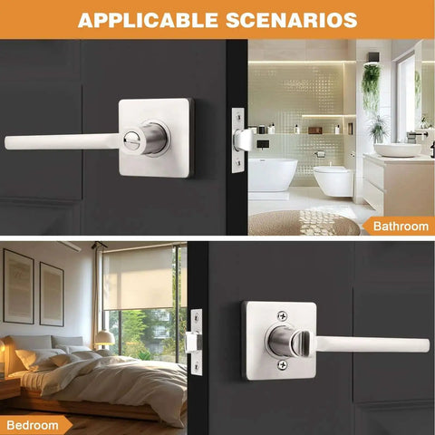 Privacy Door Handle Set For Interior Doors Heavy Duty Square Lever In Brushed Nickel Finish With Reversible Keyless Privacy Function For Bedroom And Bathroom No Fuss 1 Pack installed in bedroom and bathroom doors.