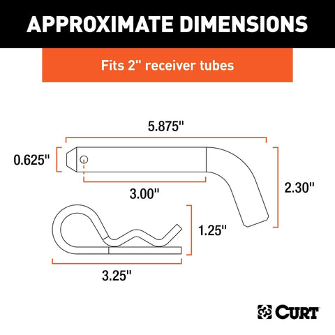 Diagram of Black Trailer Hitch Pin And Clip With Five Eighths Inch Diameter Fits Two Inch Receiver For Ball Mounts And Trailer Accessories Easy Grip With A 105 Degree Bend For Class 3 4 And 5 Hitches showing dimensions.