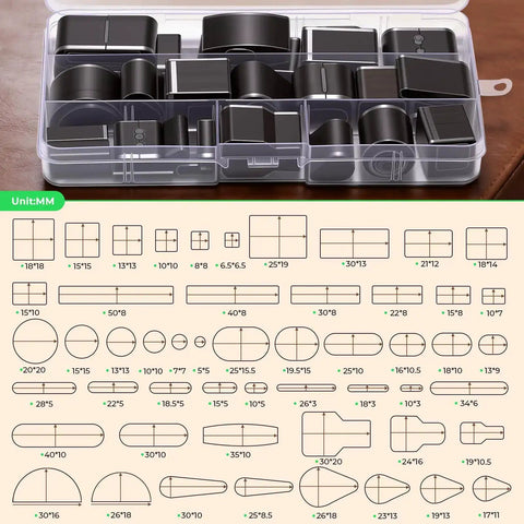52 Shape Hole Punch Die Set For Leather And Fabric Crafts in storage case with 52 multi-shape dies including circles, squares, ovals.