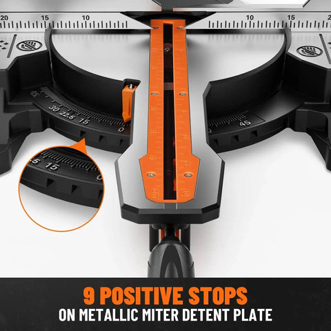 Close-up of metallic miter detent plate with 9 positive stops on powerful 12 inch dual bevel sliding miter saw with ambidextrous operation and laser guide Dovaman 3800 RPM 4.2 by 13 cutting capacity 0 to 45 degree bevel and miter 9 positive stops 15 amp corded.