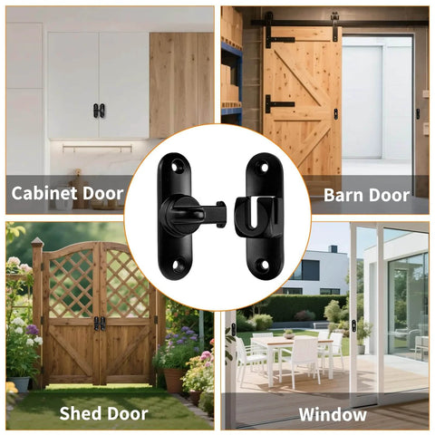 90/180 Degree Barn Door Lock With Flip Latches for secure locking on cabinets, barn doors, shed doors, and sliding windows.