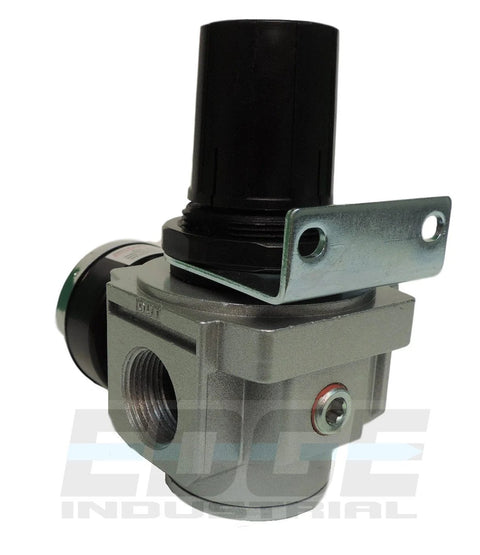 Inline air pressure regulator for air compressor with wall-mount bracket, 3/4 in NPT, heavy-duty metal body, black knob