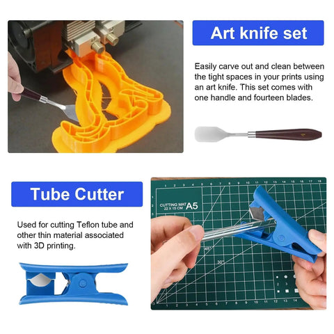All In One 3D Printer Tools Kit With 55 Pieces For Post Processing Including Deburring Tool Caliper Art Knife Set Tube Cutter And Storage Bag Pro Grade For DIYers Cleaning Finishing And Maintaining Your Prints showing art knife and tube cutter in use.