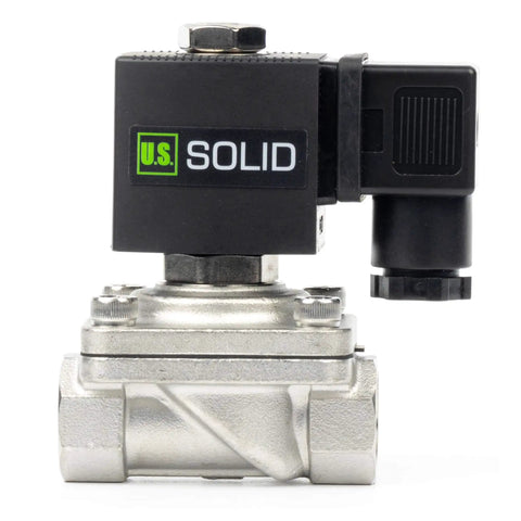 Front view of 1/2 Inch Stainless Steel Solenoid Valve, 110V AC Normally Closed Electric Valve with Viton Seal and Junction Box.