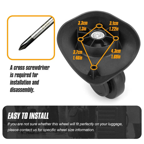 Durable 360 Swivel Luggage Wheel Replacement For Suitcases, showing dimensions and installation instructions, with screwdriver requirement.