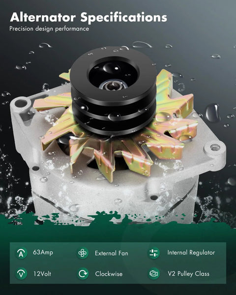 Beefed Up 63 Amp 12 Volt One Wire Alternator For Tractor And Chevy Two Groove Pulley CW Rotation With Internal Regulator And External Fan New Replacement