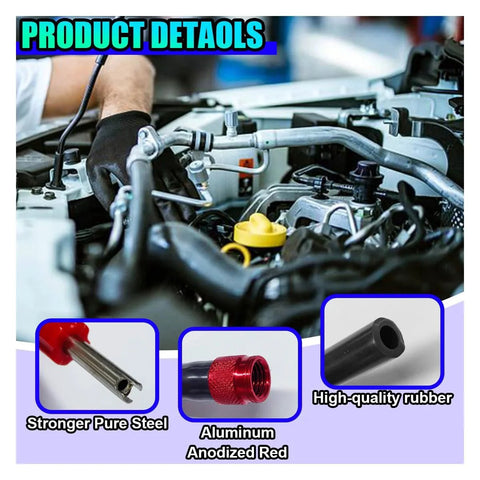 Close-up of EVAP Service Port Adapter Kit for Automotive Smoke Leak Testing shown with parts and usage in car engine.
