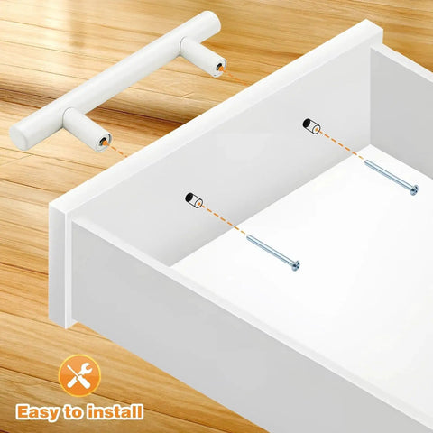 Installation guide for 20 Pack White Kitchen Cabinet Pulls 3-3/4 Inch Euro Style T Bar Handles showing screw alignment.