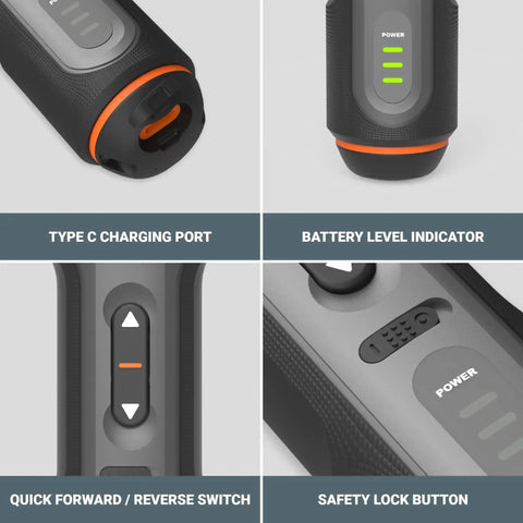 4V Lithium Cordless Screwdriver Kit features Type C charging port, battery indicator, forward/reverse switch, and safety lock button.