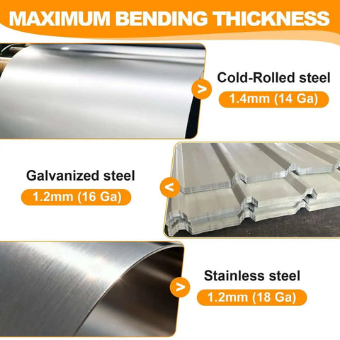Maximum bending thickness for cold-rolled, galvanized, and stainless steel displayed with steel sheets.