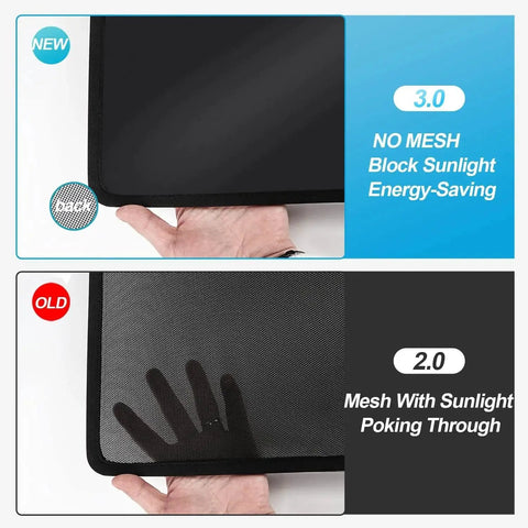 Comparison of Model Y Roof Sunshade 3.0 Ice Black for 2020-2024 Tesla Model Y showing new and old materials.