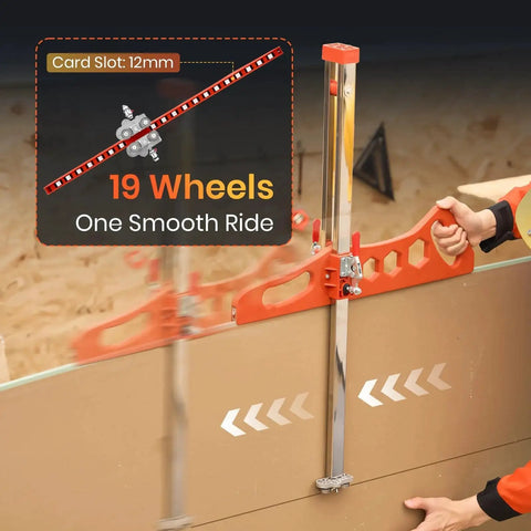 Foldable Drywall Cutter Tool For Home Renovation With Laser Etched Dual Scale Cuts One Quarter Inch, Three Eighths Inch, And One Half Inch Gypsum Board Portable Drywall Cutting Tool With Dual Positioning Red And Ten Replacement Blades being used on drywall, showing 19 wheels for smooth operation.